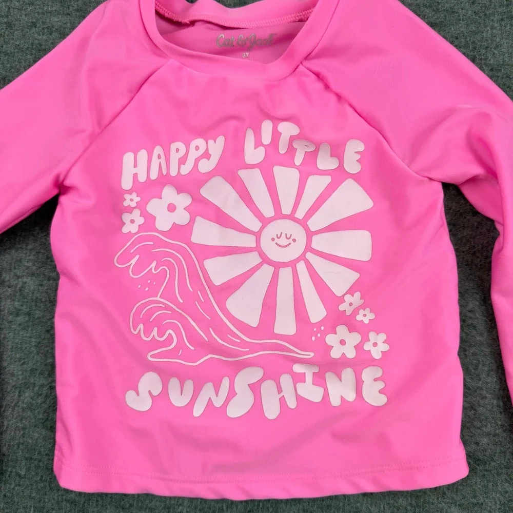 Cat & Jack Rash Guard Kids 3T Pink Happy Little Sunshine Long‎ Sleeve Swim Top